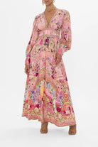 Margo & Main – floral chiffon puff sleeve maxi dress, styled view, US women's sizes