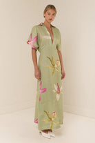 Margo & Main – linen floral collared maxi dress, back view, US women's sizes