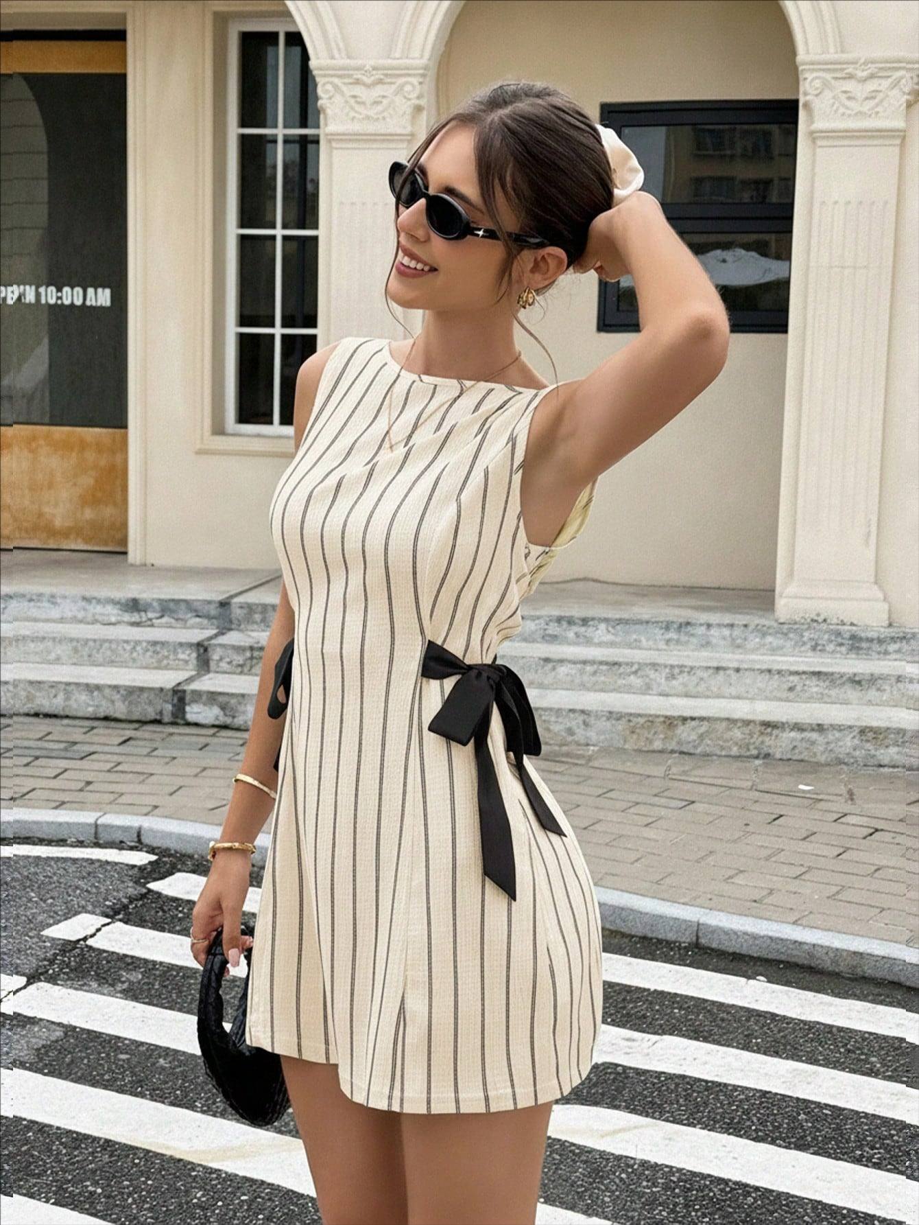 Josephina Striped Bow Mini Dress