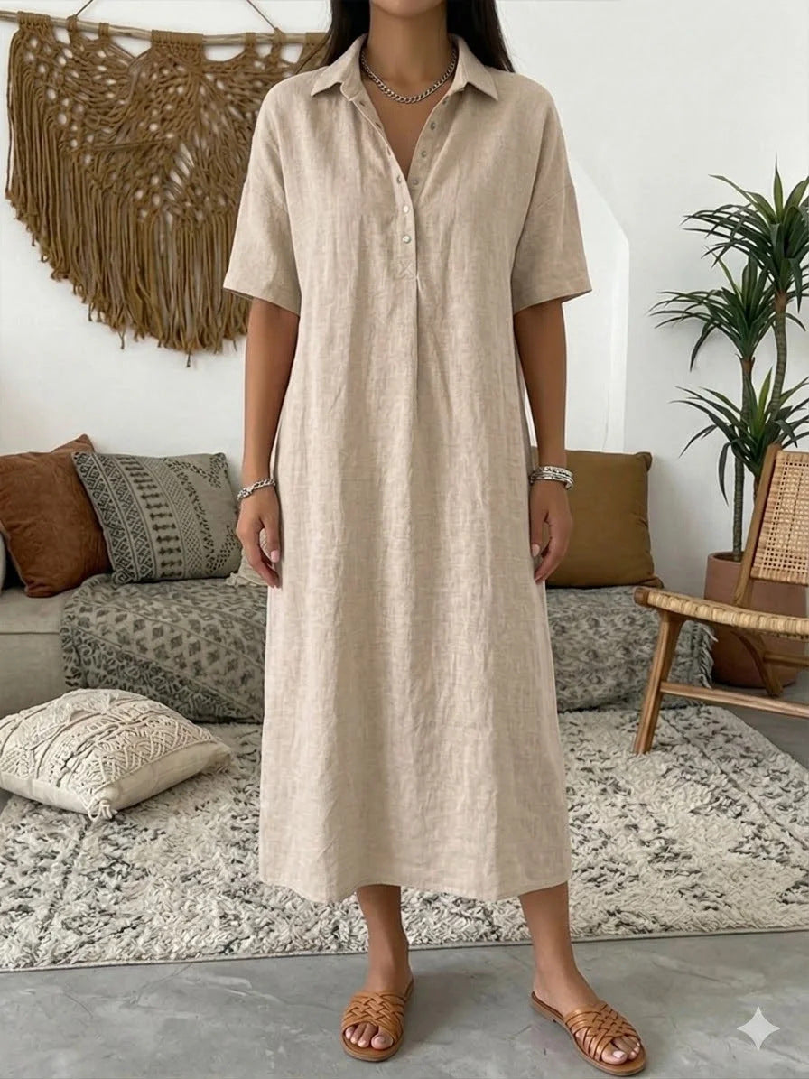 Margo & Main – Fenna oatmeal beige collared linen shirt midi dress, full-length front view in a boho living room, US women's sizes