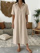 Margo & Main – Fenna oatmeal beige collared linen shirt midi dress, full-length front view in a boho living room, US women's sizes