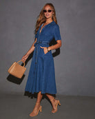 Margo & Main – blue belted denim midi shirt dress, detail view, US women's sizes