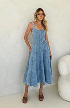 Margo & Main – blue square neck denim maxi dress, detail view, US women's sizes