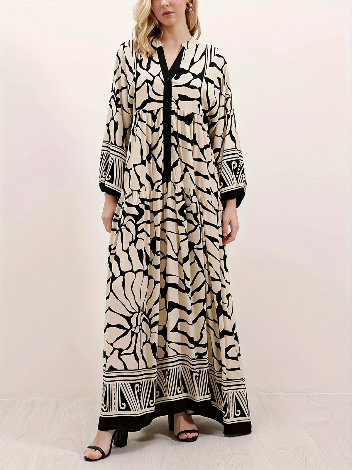 Margo & Main – cream and black print maxi dress patterned hem border detail, US women's sizes
