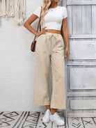Margo & Main – Cosetta sand beige striped cropped wide-leg pants, styled with a white tee and brown shoulder bag, US women's sizes