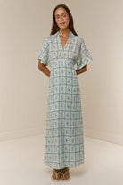 Margo & Main – linen floral collared maxi dress, angled view, US women's sizes