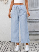 Margo & Main – Cosetta light blue striped cropped wide-leg pants, front view with the drawstring waist tied, US women's sizes