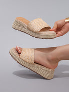 Margo & Main – raffia woven low wedge slide sandals, front view, US women's sizes