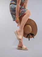 Margo & Main – raffia woven low wedge slide sandals, styled view, US women's sizes