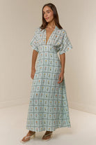 Margo & Main – linen floral collared maxi dress, fabric detail, US women's sizes