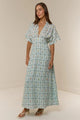 Margo & Main – linen floral collared maxi dress, fabric detail, US women's sizes