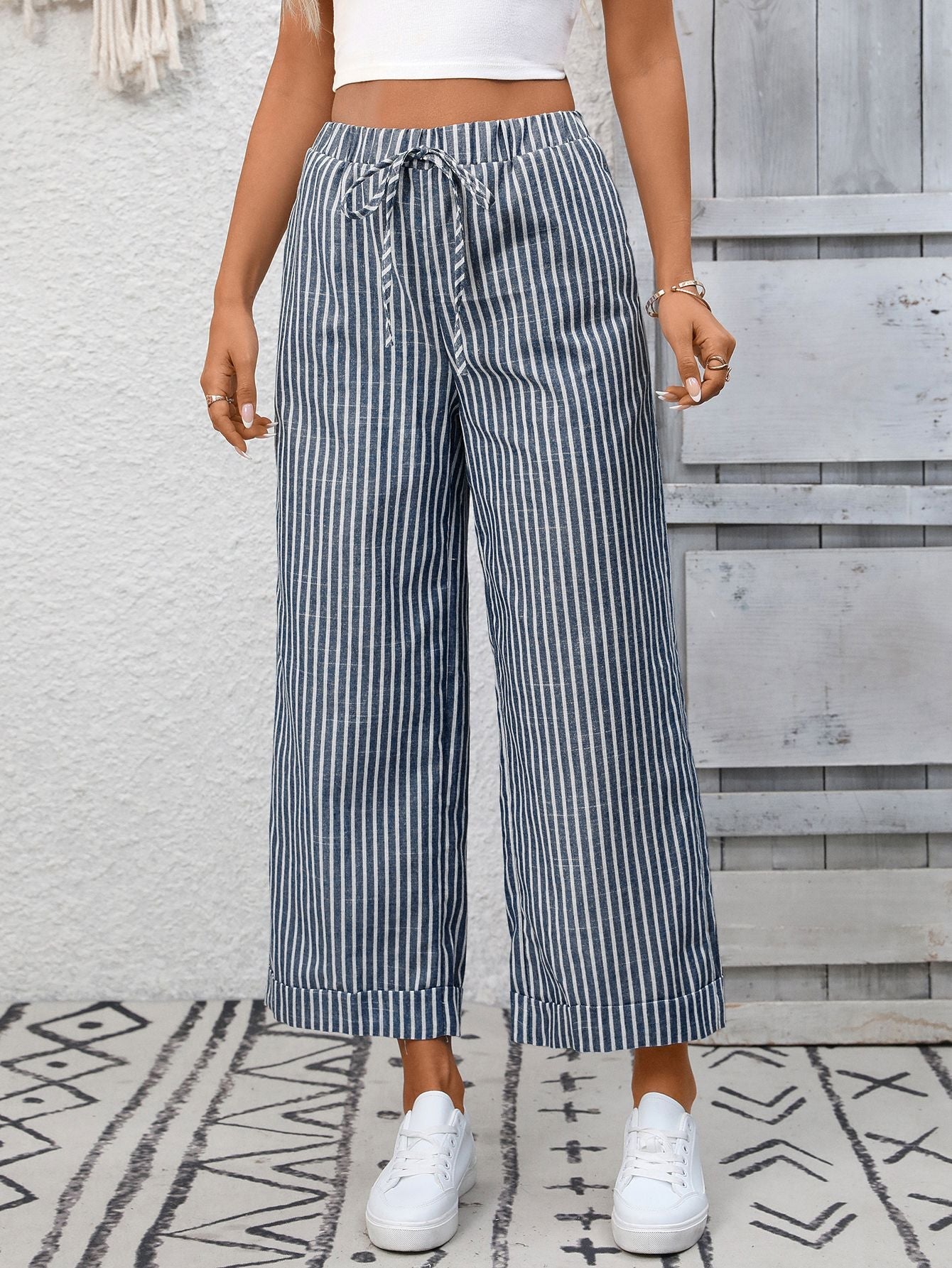 Margo & Main – Cosetta denim blue striped cropped wide-leg pants, front view showing the drawstring waist, US women's sizes