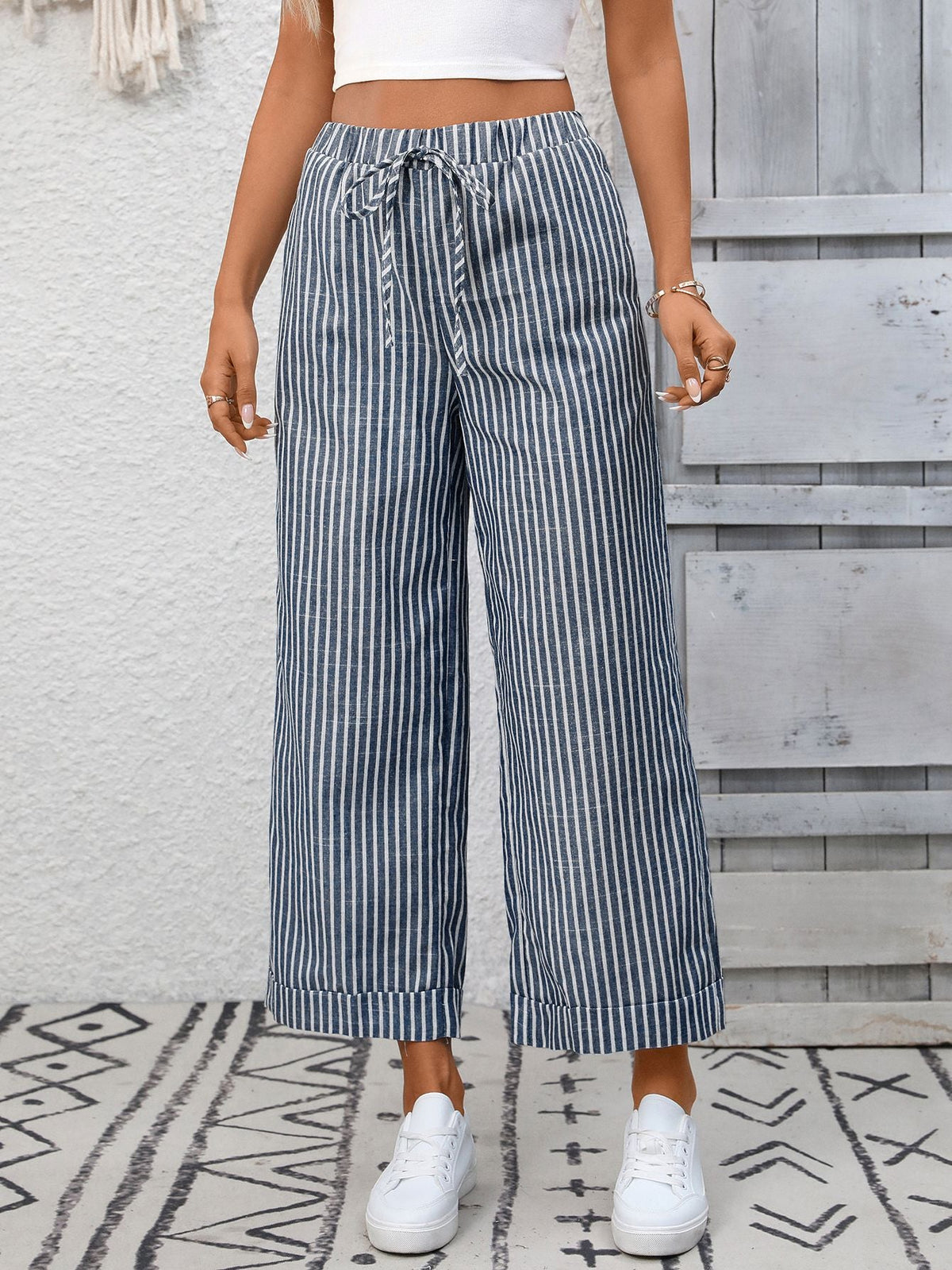 Margo & Main – Cosetta denim blue striped cropped wide-leg pants, front view showing the drawstring waist, US women's sizes