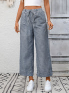 Margo & Main – Cosetta denim blue striped cropped wide-leg pants, front view showing the drawstring waist, US women's sizes