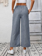Margo & Main – Cosetta denim blue striped cropped wide-leg pants, back view with hands in the pockets, US women's sizes