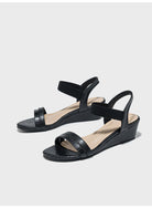 Margo & Main – textured strap low wedge sandals, styled view, US women's sizes