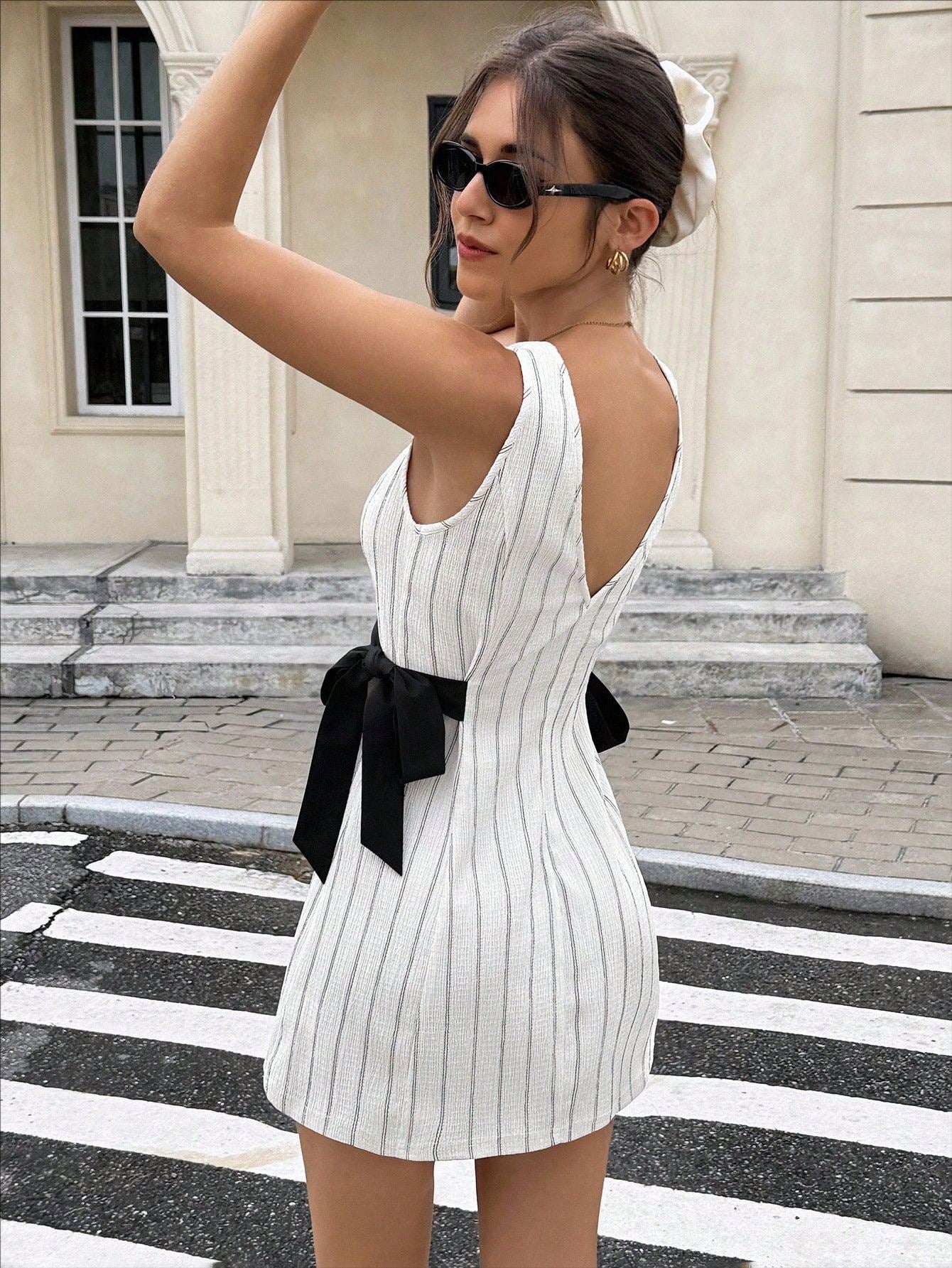 Josephina Striped Bow Mini Dress