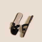 Margo & Main – Black croc-embossed H-strap flat slide sandals, top view, US women's sizes