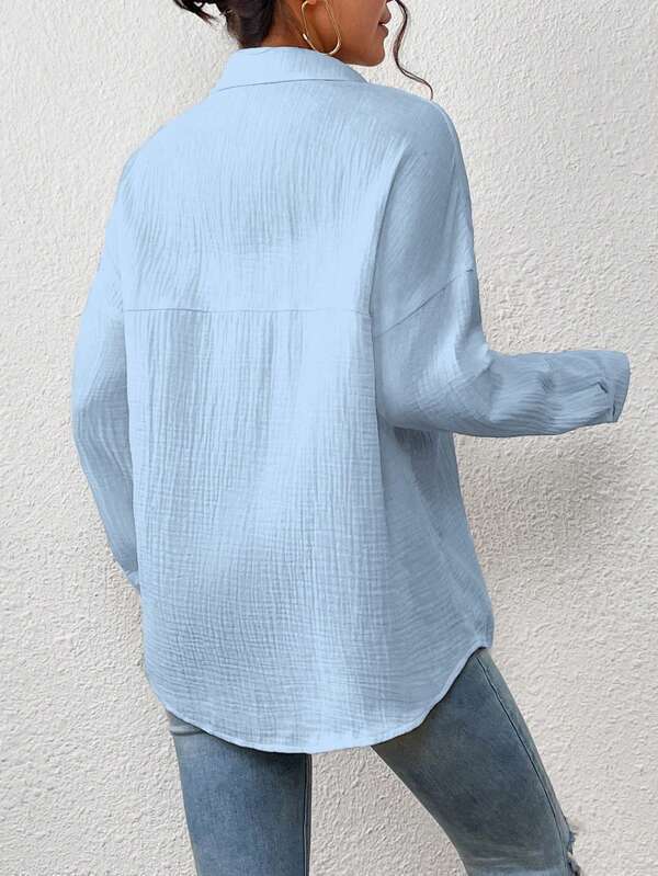 Margo & Main – lightweight cotton gauze button-up shirt, close-up view, US women's sizes