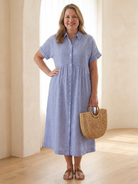 Margo & Main – Linnea Sky Blue striped linen shirt dress, full-length front view, US women’s sizes
