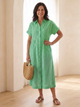 Margo & Main – Linnea Green striped linen shirt dress, front view, US women’s sizes