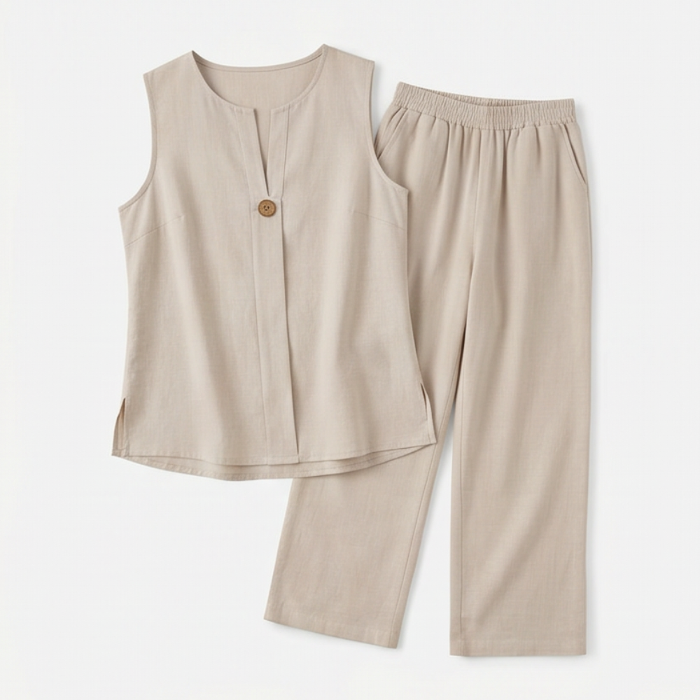 Margo & Main – Lunavia beige sleeveless top and wide-leg pants flat lay, US women's sizes