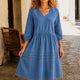 Margo & Main – Delphine Medium Blue chambray denim midi dress, front view, US women’s sizes