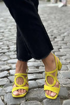 Margo & Main - green and pink suede ring-cutout block heel sandals worn, US women's sizes