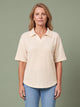 Melba Lane - orange waffle knit polo top with collar, full length view, AU women's sizes