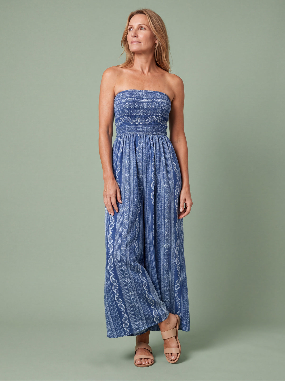 Melba Lane - blue printed strapless jumpsuit with wide leg, full length, AU women's sizes