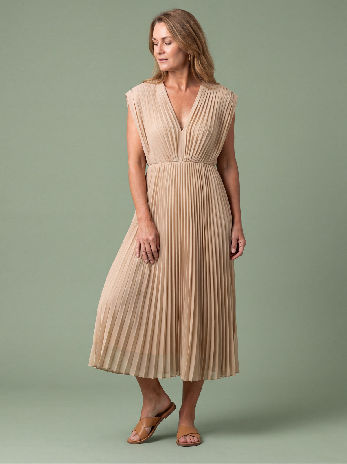 Melba Lane - beige pleated V neck midi dress with deep neckline, full length, AU women's sizes