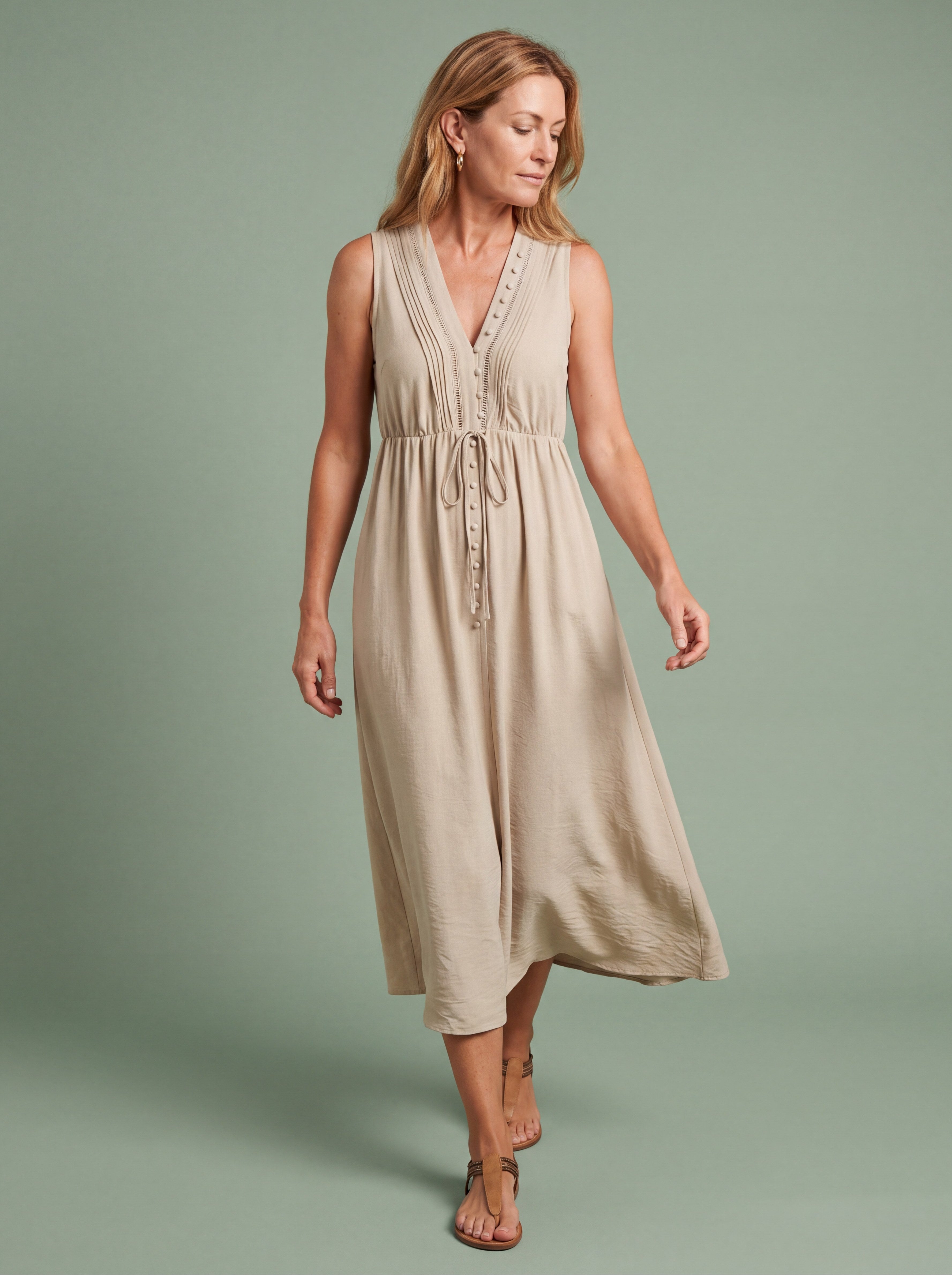Melba Lane - olive sleeveless midi dress with a tie waist, full length view, AU women's sizes