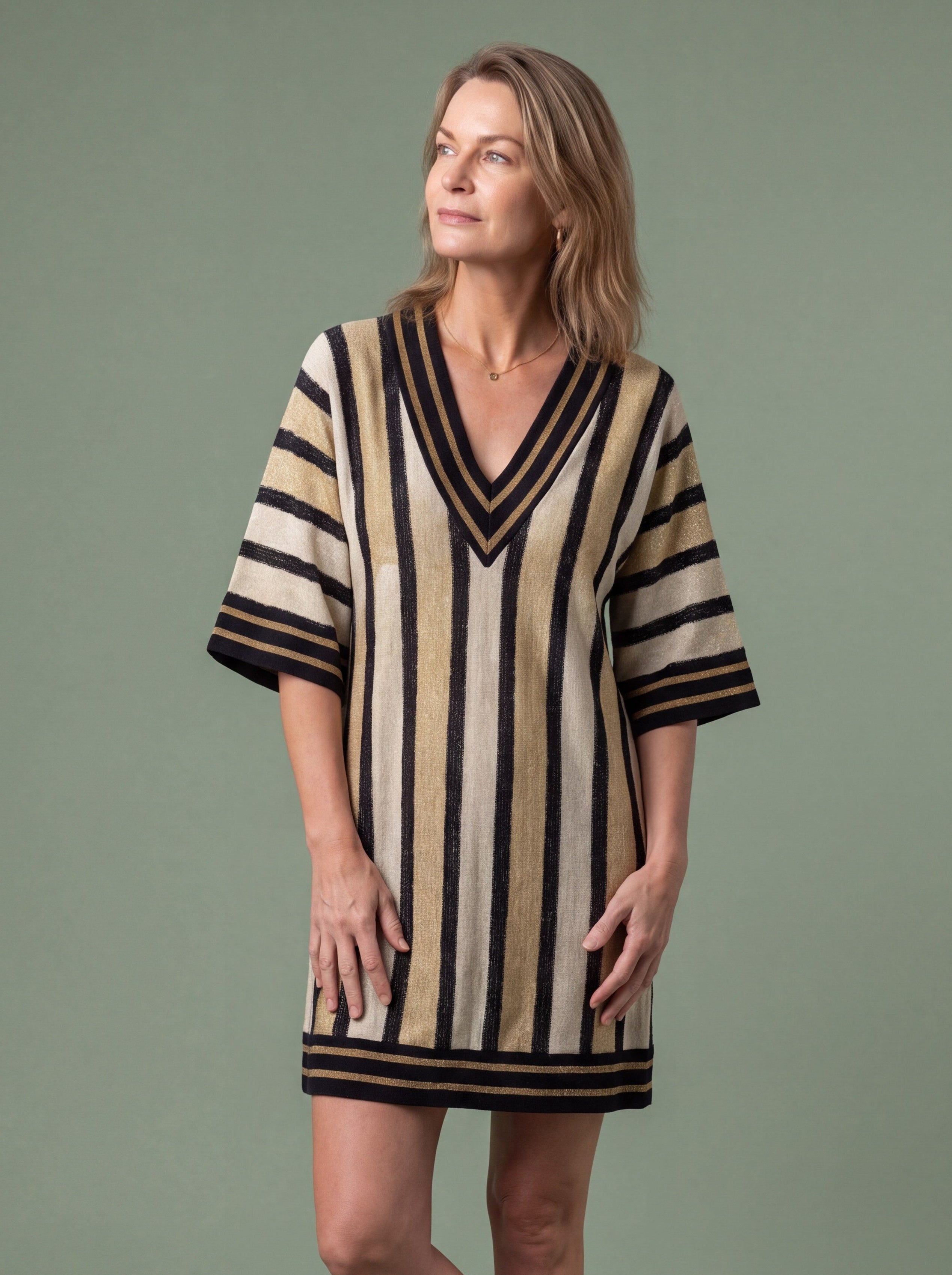 Melba Lane - striped woven tunic beach dress with embroidered trim, full length, AU women's sizes