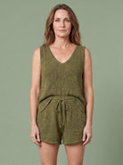 Melba Lane - olive knit tank and shorts set, full length studio view, AU women's sizes