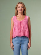Melba Lane - pink lace trim tie front cami top, full length view, AU women's sizes