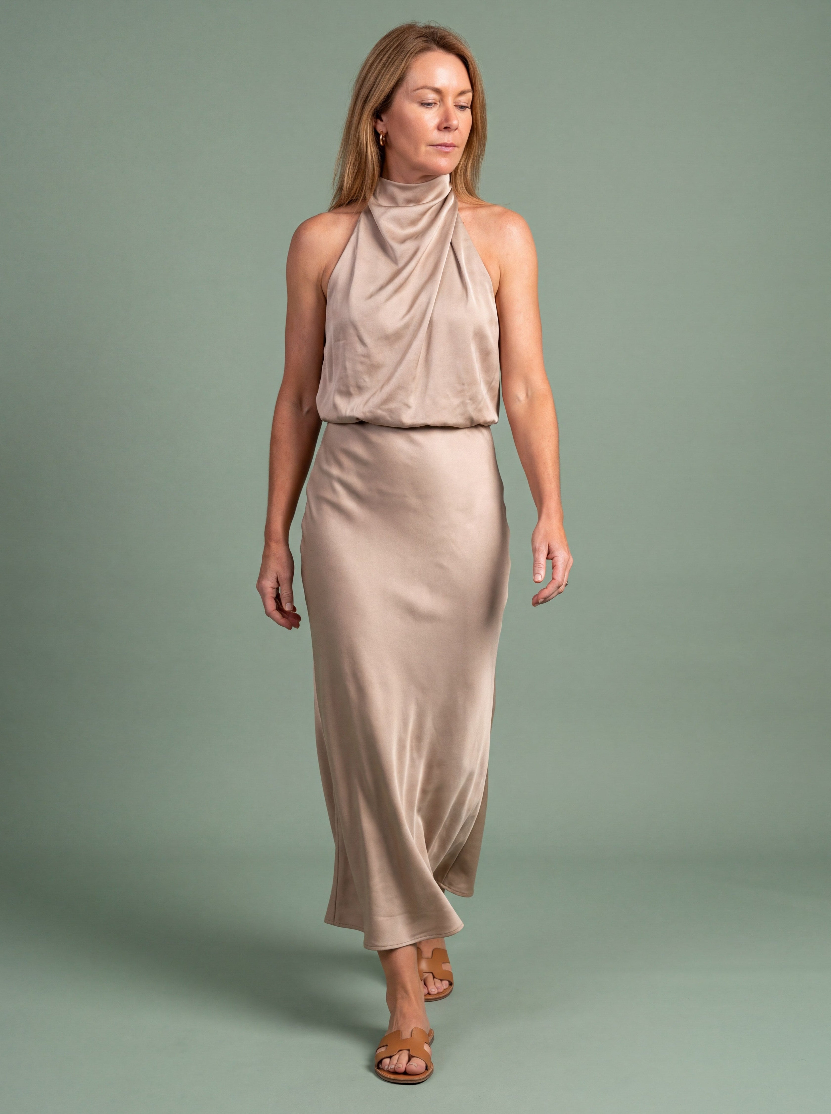 Melba Lane - beige draped neck satin midi dress, full length studio view, AU women's sizes