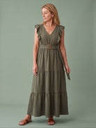 Melba Lane - green tie belt ruffle maxi dress with side slit, full length, AU women's sizes