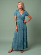 Melba Lane - blue polka dot wrap maxi dress with a tie waist, full length, AU women's sizes