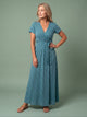Melba Lane - blue polka dot wrap maxi dress with a tie waist, full length, AU women's sizes