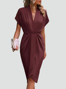 Margo & Main - rust wrap midi dress, ruched twist front detail, US women's sizes