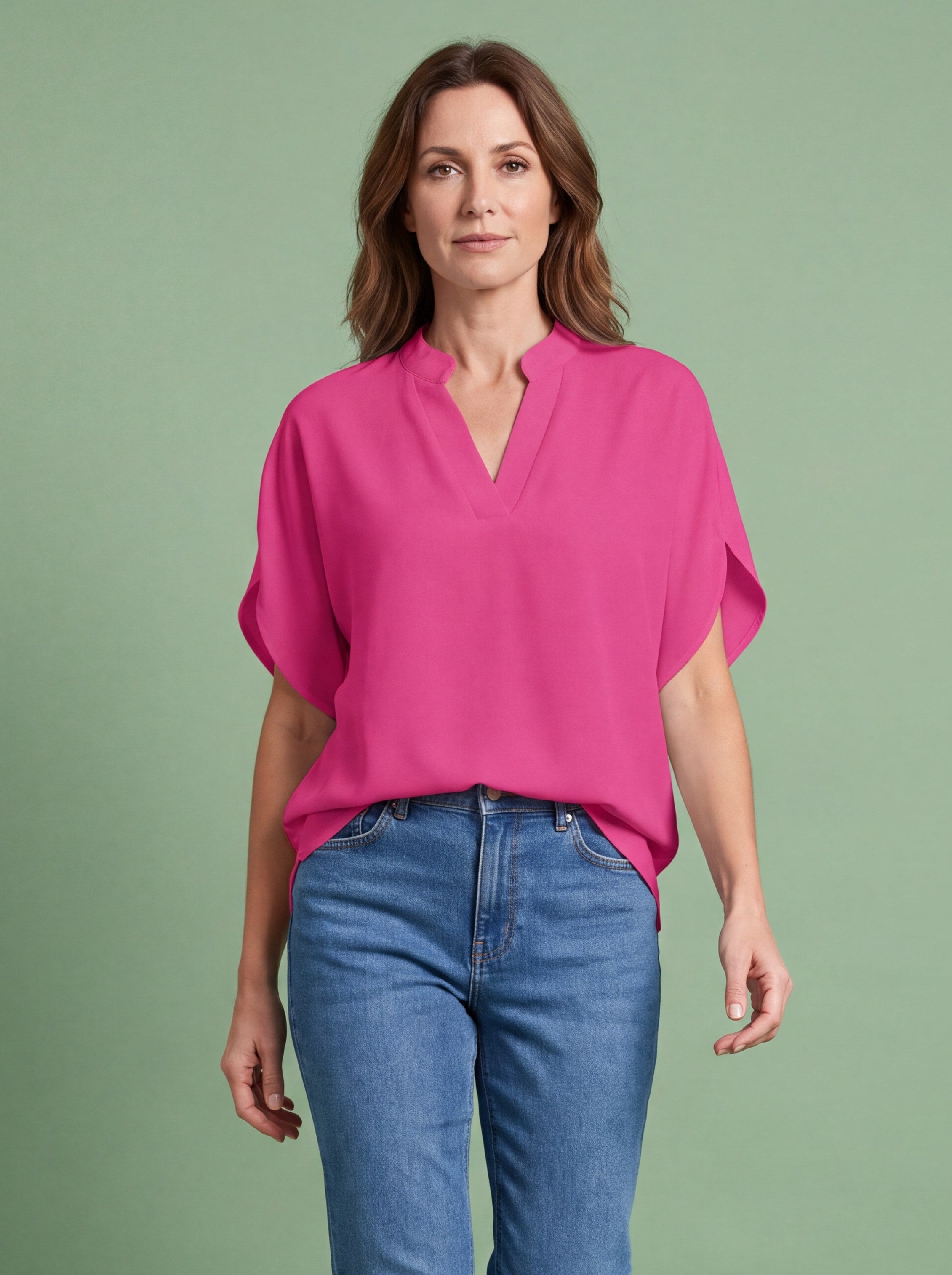 Melba Lane - pink split neck flutter sleeve top, full length studio view, AU women's sizes
