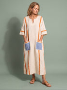 Melba Lane - orange wide sleeve resort maxi dress, full length view, AU women's sizes