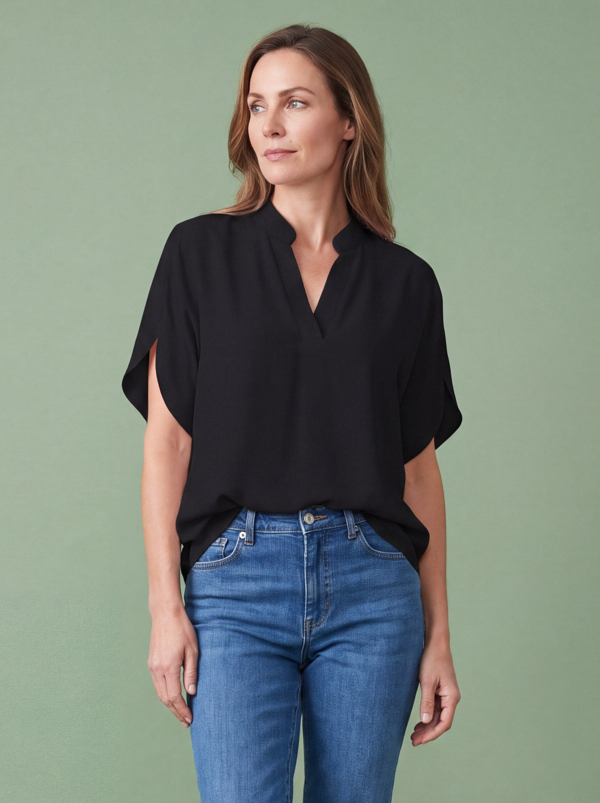 Melba Lane - black split neck flutter sleeve top, full length studio view, AU women's sizes