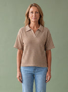 Melba Lane - brown and white waffle knit polo top, full length view, AU women's sizes