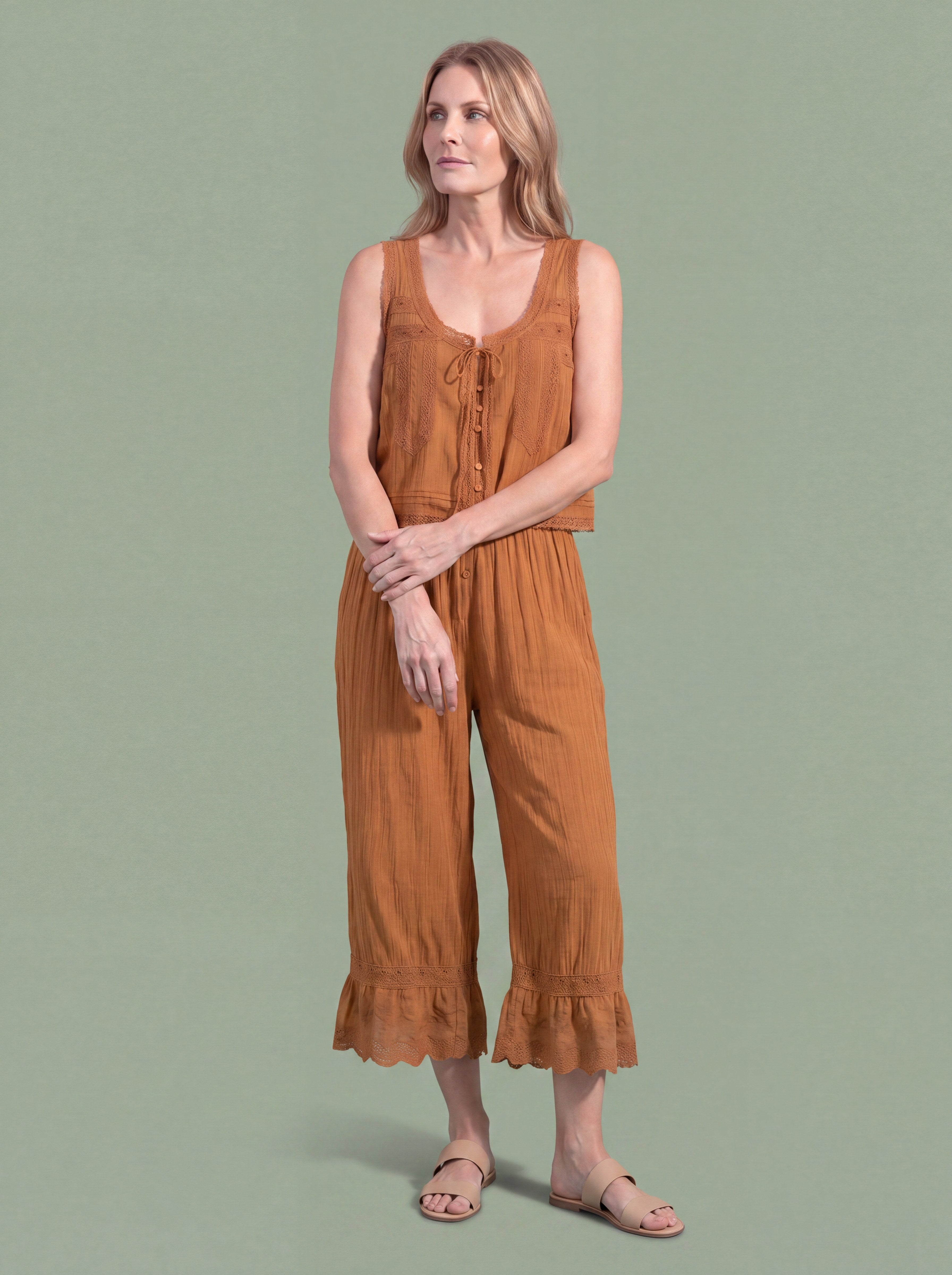 Melba Lane - brown lace trim two piece set with wide leg pants, full length, AU women's sizes