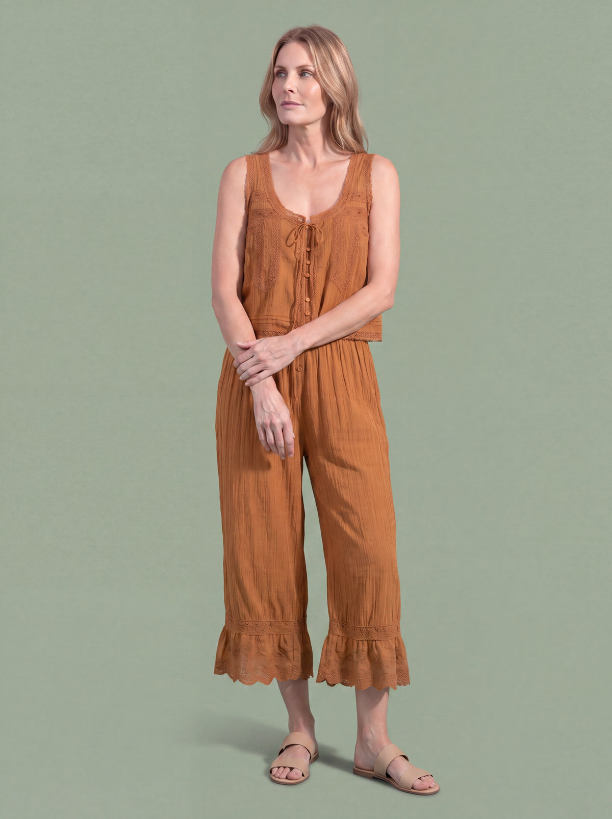 Melba Lane - brown lace trim two piece set with wide leg pants, full length, AU women's sizes