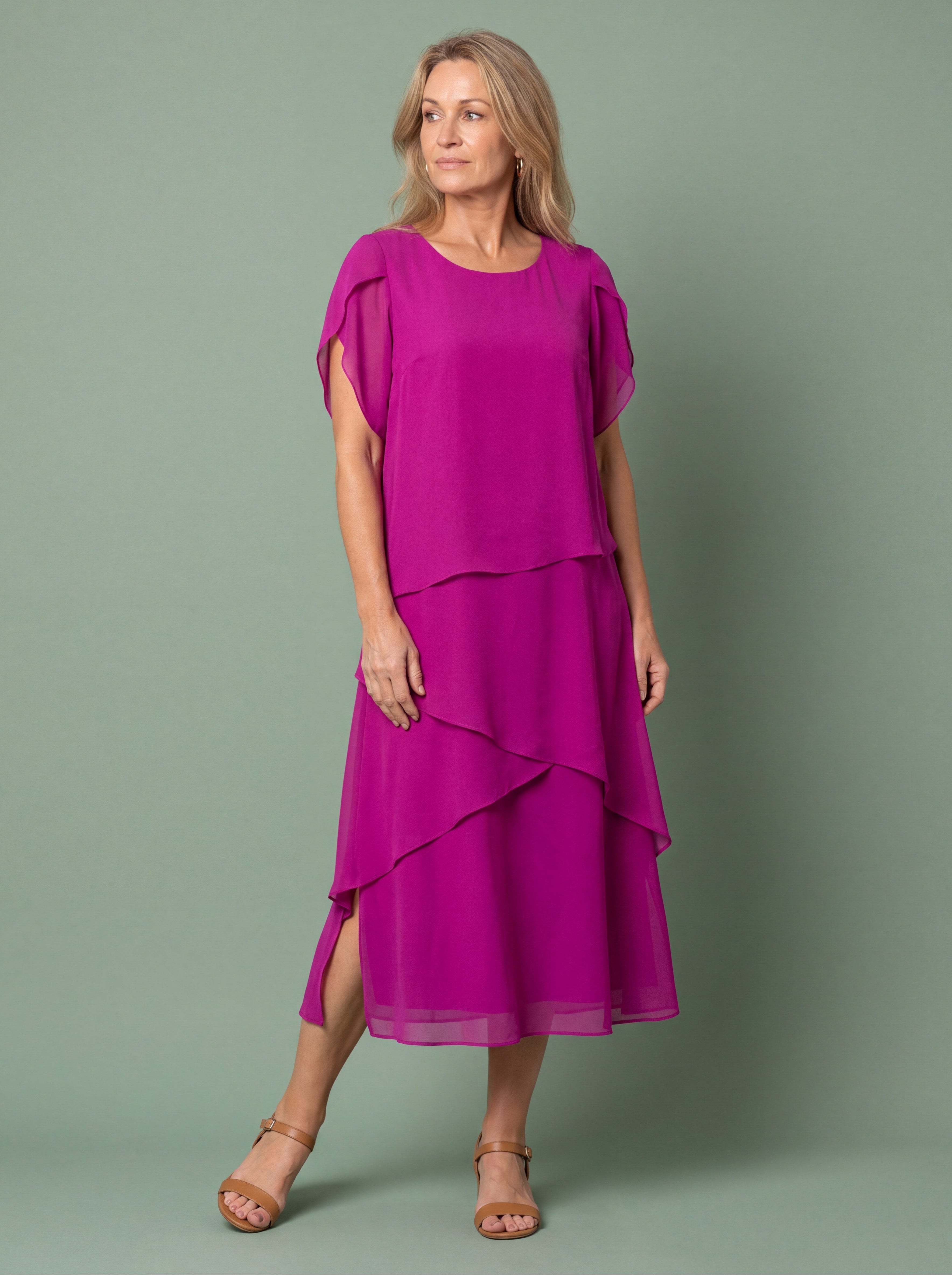 Melba Lane - pink layered tier midi dress with short sleeves, full length, AU women's sizes