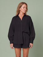Melba Lane - black striped shirt and shorts set worn as an outfit, full length, AU women's sizes