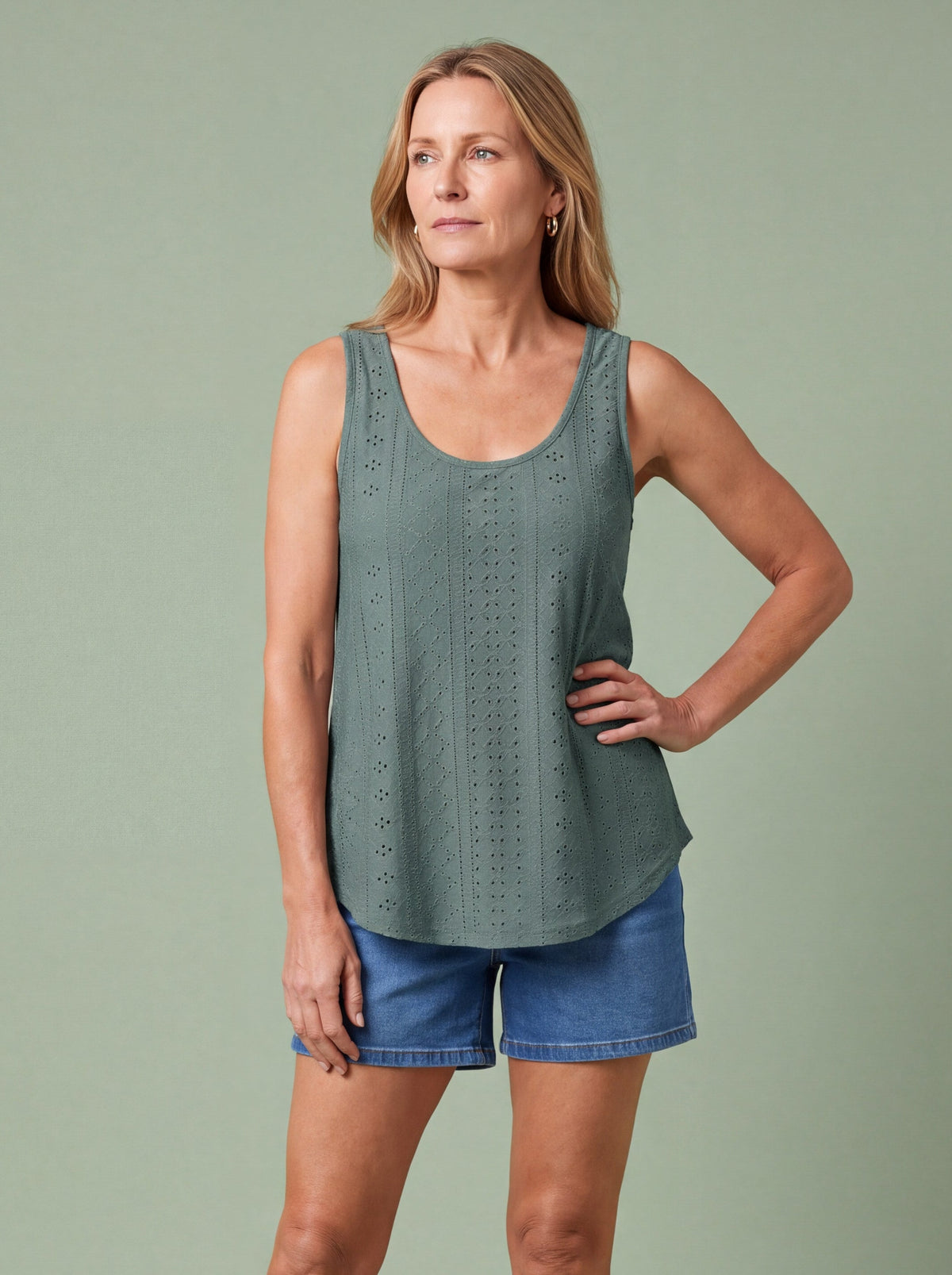 Melba Lane - green eyelet detail swing tank top, full length studio view, AU women's sizes
