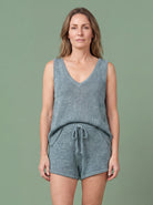 Melba Lane - blue knit tank and shorts set, full length studio view, AU women's sizes
